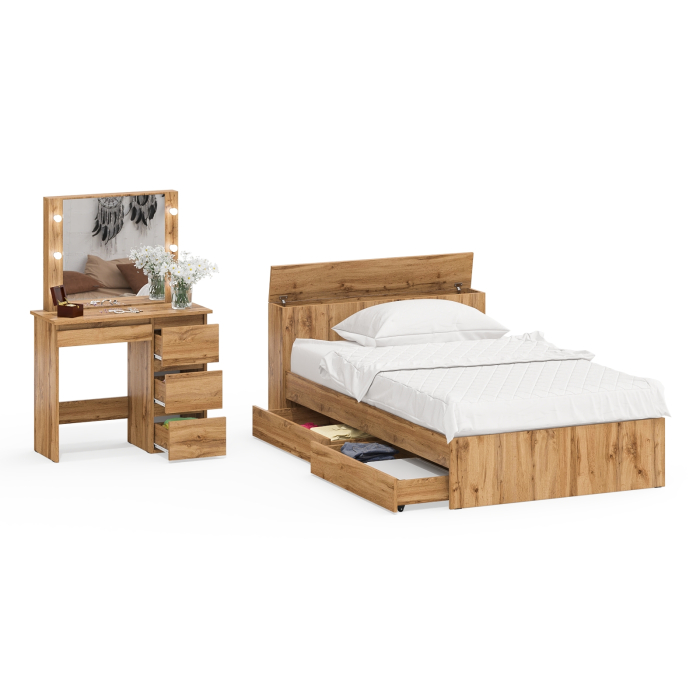 Спальные гарнитуры, Кровать с ящиками полутораспальная Ксения 1200 и туалетный столик с подсветкой Сура