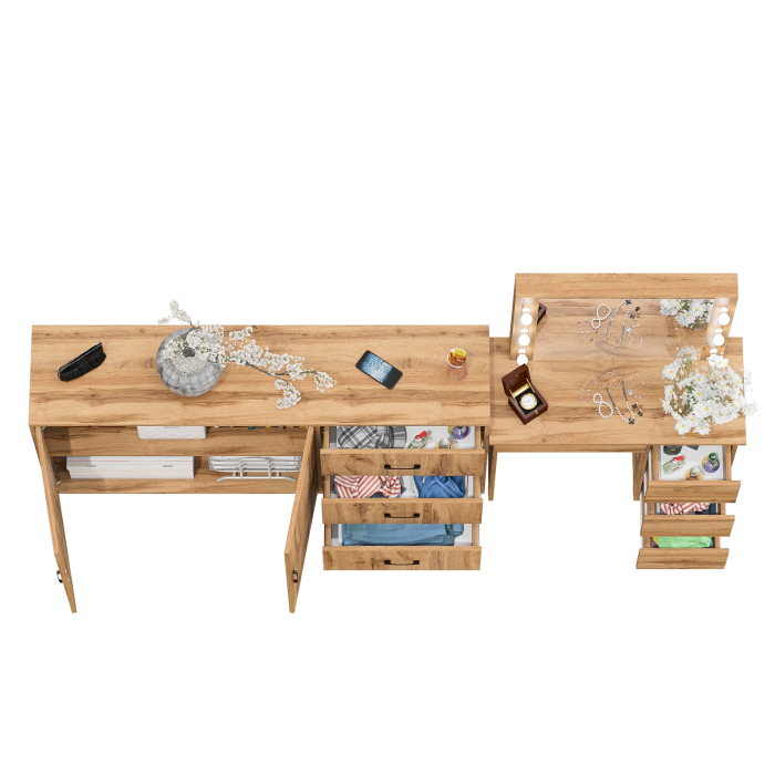 С зеркалом, Косметический столик Сура с зеркалом и подсветкой и с тумбой-комодом 123-1604