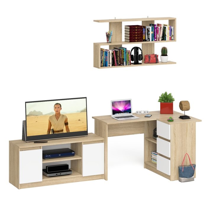 Домашние кабинеты, Стол угловой компьютерный Мори МС-16 правый с книжной полкой и ТВ-тумбой МТВ1200.1