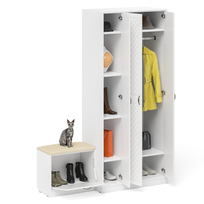 Прихожие, Шкаф с пеналом и тумбой для обуви с мягким сиденьем П-6-500 фрезеровка ромб