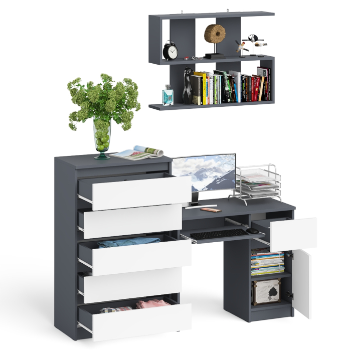 Домашние кабинеты, Стол компьютерный Мори МС-1 правый с высоким комодом на пять ящиков и навесной полкой