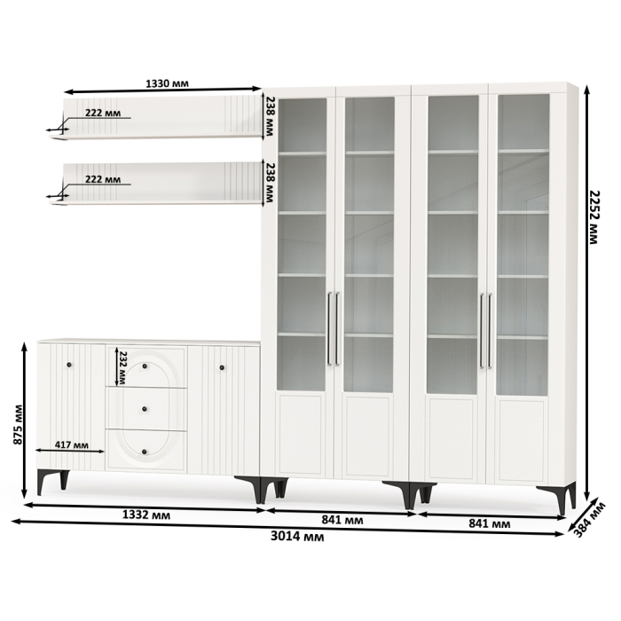 Стенки для гостиной, Тумба-комод с 2 навесными полками и шкаф 4 стеклянных лвери Валенсия № 113