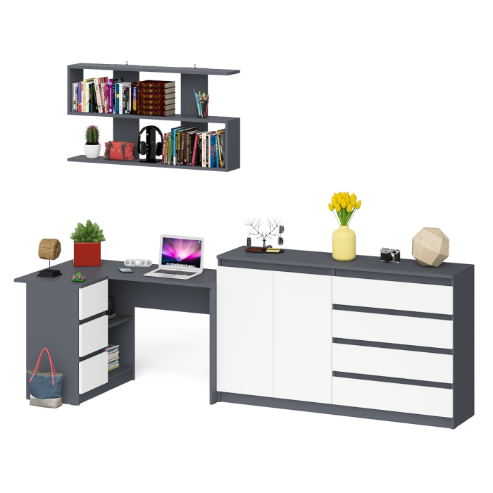 Домашние кабинеты, Угловой компьютерный стол с тремя ящиками Мори МС-16 левый с тумбой-комодом и книжной полкой