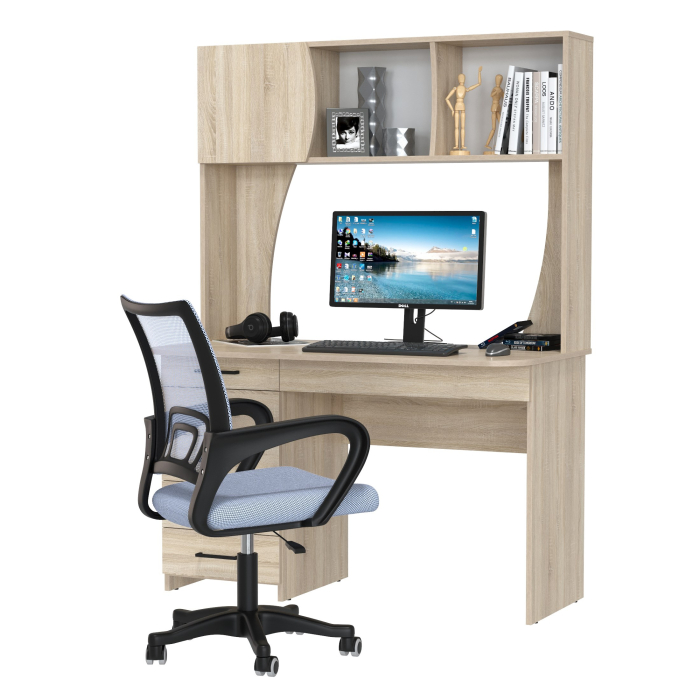 Прямые компьютерные столы, Стол компьютерный с надстройкой Сигма и компьютерное кресло серое