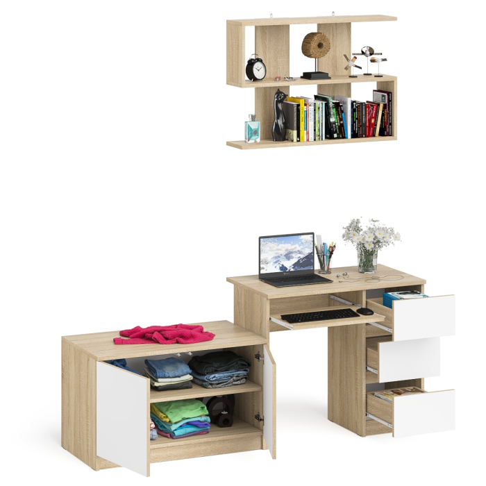 Прямые компьютерные столы, Открытая полка Мори 900 с компьютерным столом Мори МС-6 правый и тумбочкой с дверками
