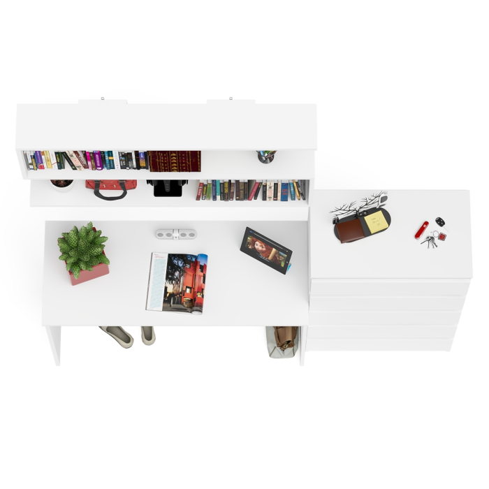 Прямые компьютерные столы, Комод высокий Мори пять выдвижных ящиков со столом для работы на 1200 и навесной полкой 1200