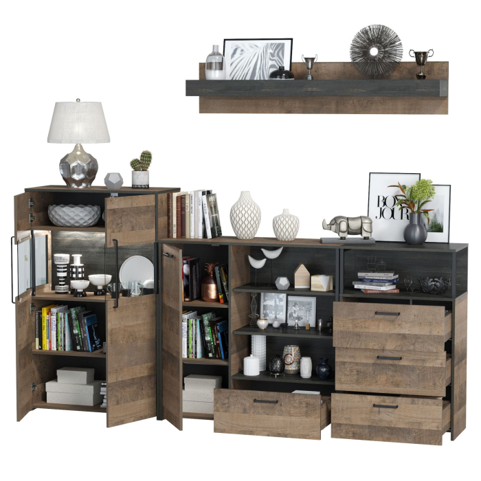 Стенки для гостиной, Комод с витриной с подсветкой с комодом с ящиком и дверкой и с комодом три ящика и ниша Трувор