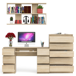 Стол для работы МС-2 с высоким комодом на пять ящиков и навесной полкой Мори