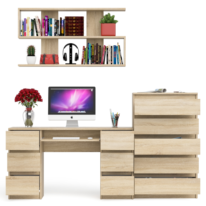 Домашние кабинеты, Стол для работы МС-2 с высоким комодом на пять ящиков и навесной полкой Мори