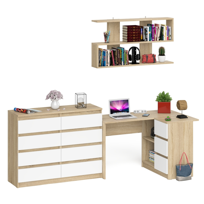 Домашние кабинеты, Стол компьютерный угловой с ящиками Мори МС-16 правый с навесной полкой и комодом МК1200.8