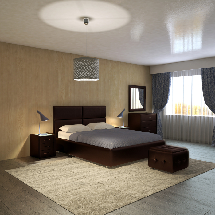 Двуспальные, Кровать с мягким изголовьем Риальто, ПМ 1 ящик, экокожа, 140*200