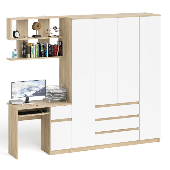 Домашние кабинеты, Стол компьютерный с тумбой справа с большим шкафом Мори МШ1600.1 и полкой открытой
