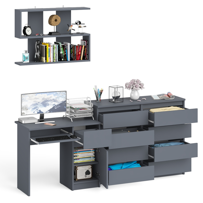 Домашние кабинеты, Большой комод на восемь выдвижных ящиков со столом МС-1 правый и полкой Мори 900