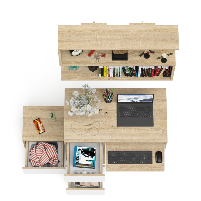 Прямые компьютерные столы, Стол компьютерный три ящика МС-6 левый с тумбочкой ТМП400 и навесной полкой 900 Мори