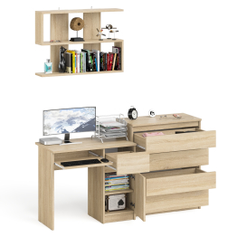 Комод Мори четыре ящика на 800 с компьютерным однотумбовым столом МС-1 правый и навесной полкой