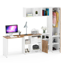 Компьютерный стол с нишами с навесной полкой Лидер-8 и тумбочкой 3.19 с пеналом для одежды