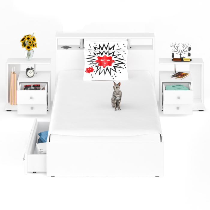 Спальные гарнитуры, Кровать с ящиками Камелия 1200 с двумя прикроватными тумбами