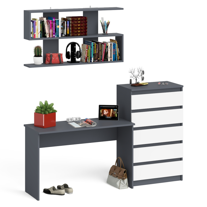 Прямые компьютерные столы, Комод высокий Мори пять выдвижных ящиков со столом для работы на 1200 и навесной полкой 1200