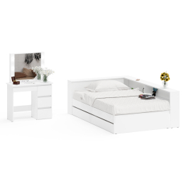 Кровать с прикроватным блоком с ящиками Ксения 1200 и туалетный столик с подсветкой Сура