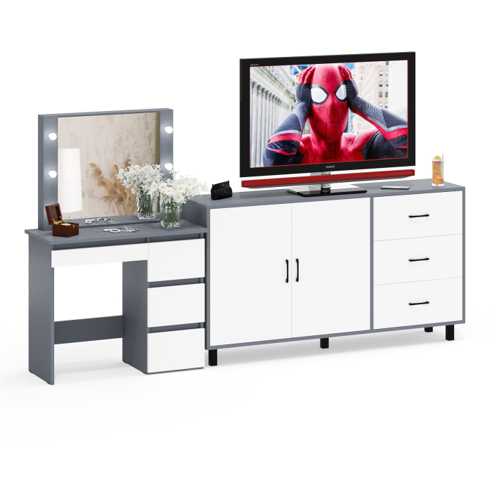 С зеркалом, Косметический столик Сура с зеркалом и подсветкой и с тумбой-комодом 123-1604