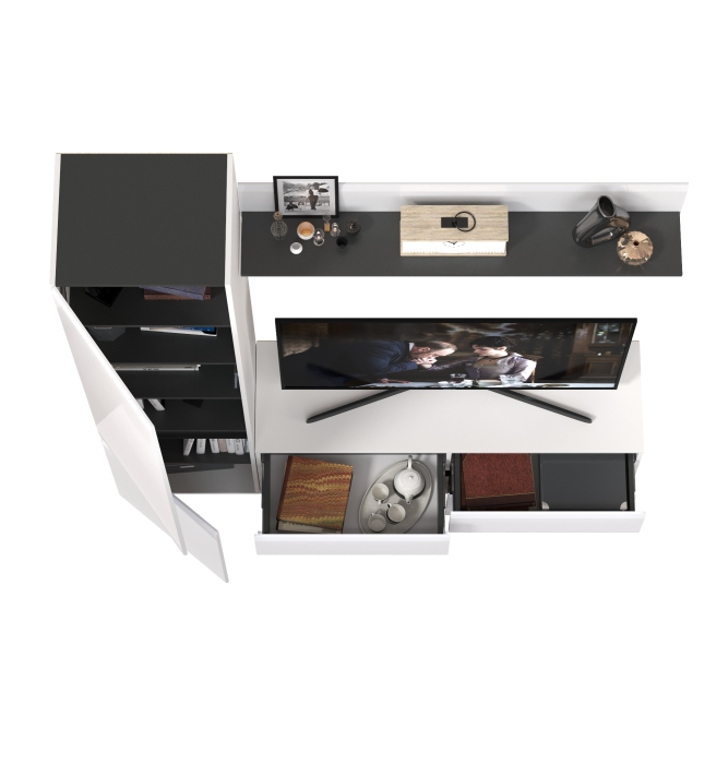 Стенки для гостиной, Широкий шкаф-пенал Сидней с полочкой и ТВ-тумбой