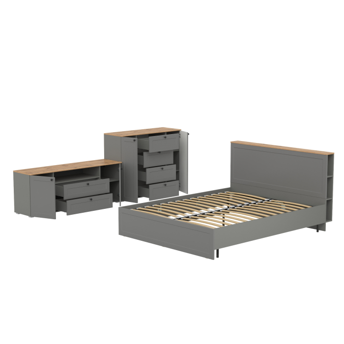 Спальные гарнитуры, Кровать со спальным местом 1600 с ортопедическим основанием с тумбой под ТВ Остин 16.47 и комодом 16.221