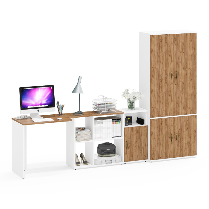 Домашние кабинеты, Бельевой шкаф Лидер-8 20Б со столом с нишами и тумбой для документов