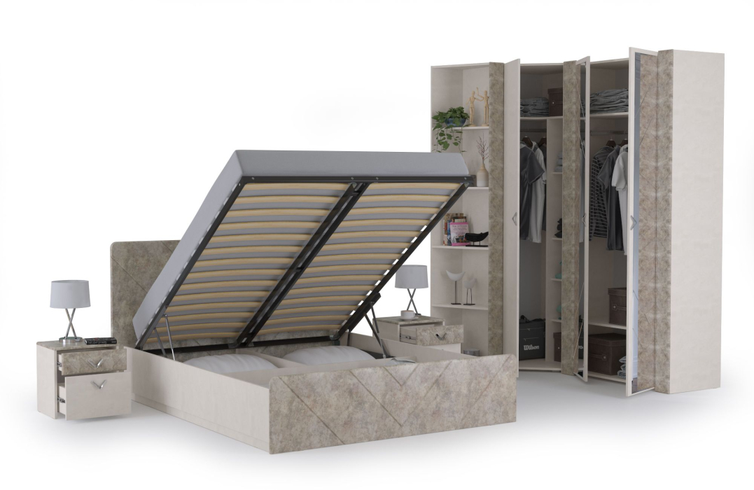 Модульные cпальни, Спальня Амели № 6 шёлковый камень/бетон чикаго беж, 6 предметов мебели