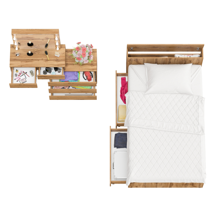 Спальные гарнитуры, Столик туалетный с лампочками 110 с полутораспальной кроватью с ящиками Ксения 1200