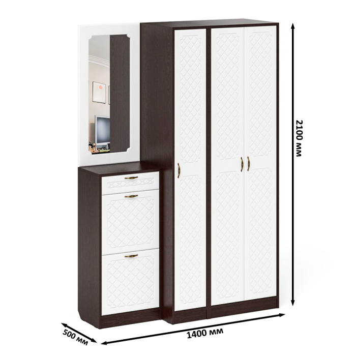 Прихожие, Модульная прихожая с зеркалом П-6-500 № 49 фрезеровка ромб