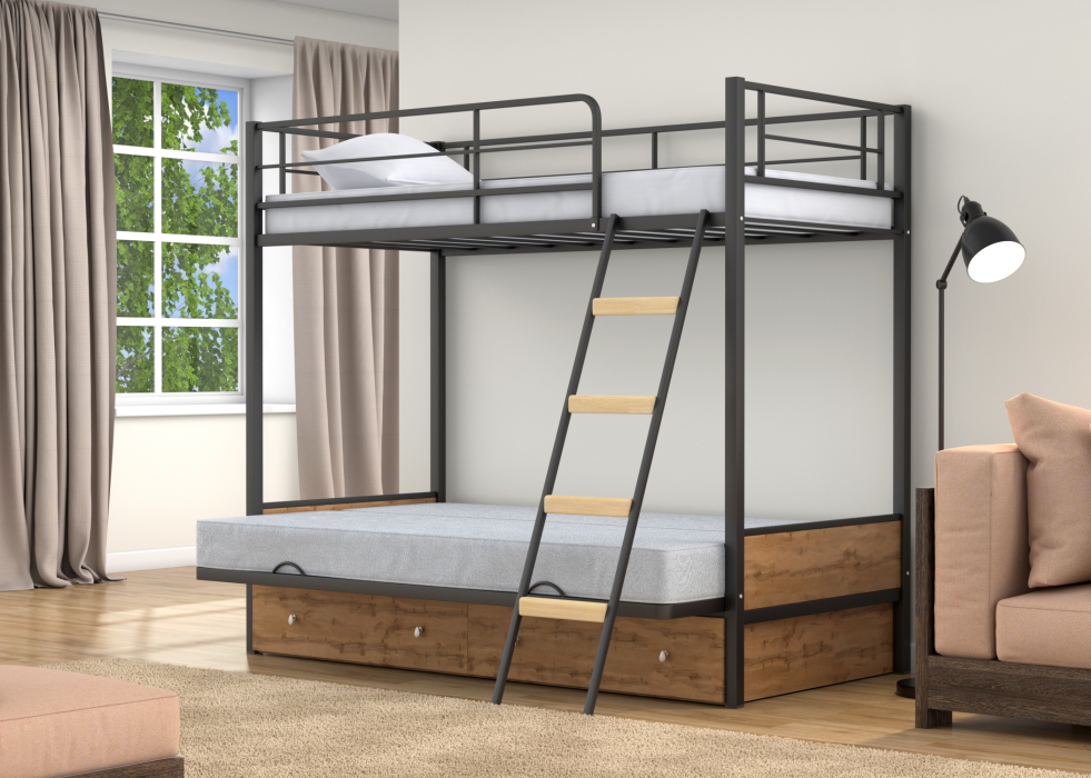 Для подростков, Двухъярусная кровать-диван Дакар 2 ящики Дуб крафт табак