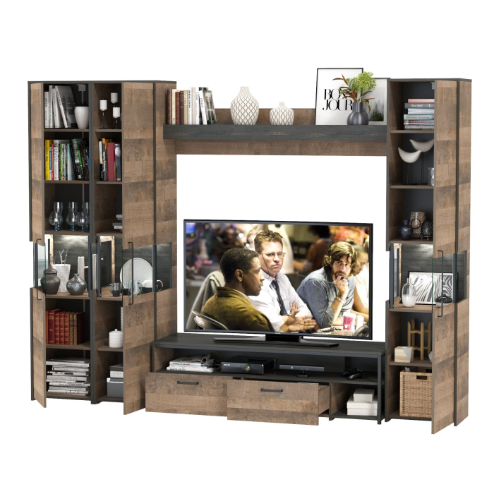 Стенки для гостиной, Три пенала-витрины в стиле лофт с подсветкой и тумба под ТВ Трувор