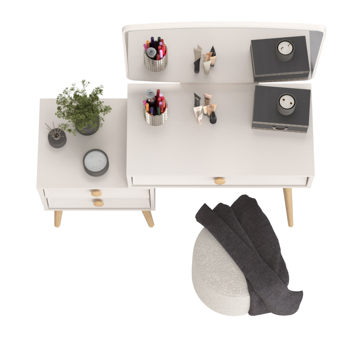 С зеркалом, Пуфик мягкий Марта и туалетный стол в спальню Афина