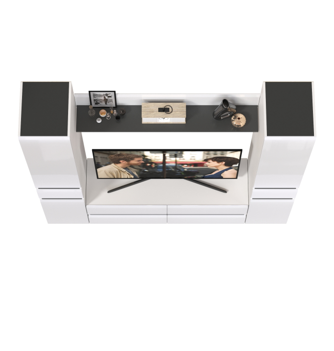 Стенки для гостиной, Тумба-ТВ с открытой навесной полочкой и два пенала Сидней с ящиками