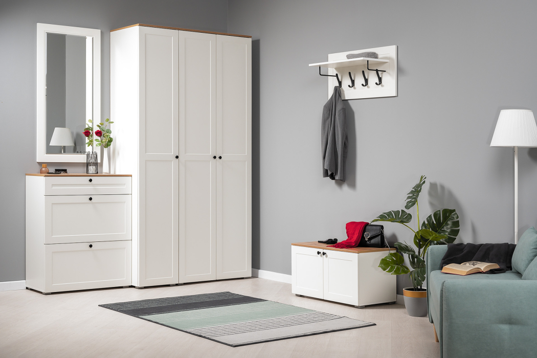 Тумбы, Тумба для обуви Остин 16.121, белая шагрень, дуб золотой крафт