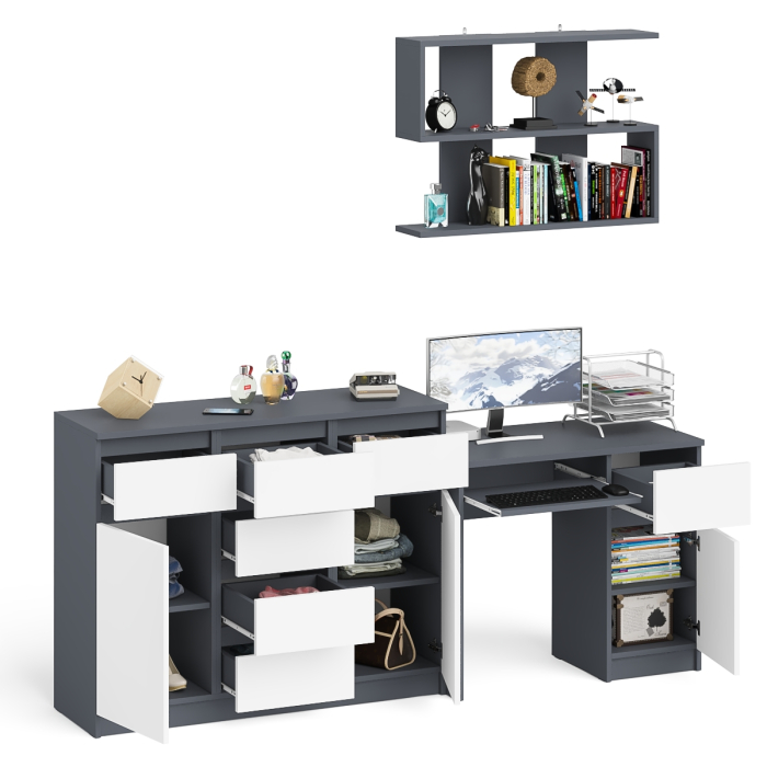 Домашние кабинеты, Тумба-комод Мори МК1200.4 с компьютерным столом МС-1 правый и открытой навесной полкой