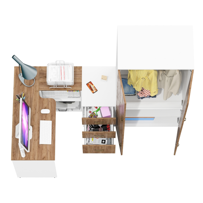 Домашние кабинеты, Платяной шкаф 19Б с рабочим столом-трансформером и тумбочкой для бумаг и документов