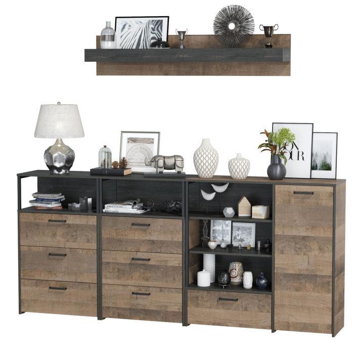 Стенки для гостиной, Два комода с ящиками с навесной полкой и комод с ящиком и дверкой в гостиную Трувор