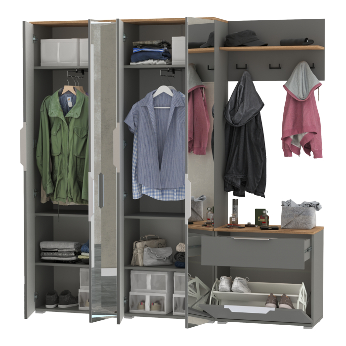 Прихожие, Два шкафа для одежды с зеркалами и обувницей с вешалкой с полкой Октава