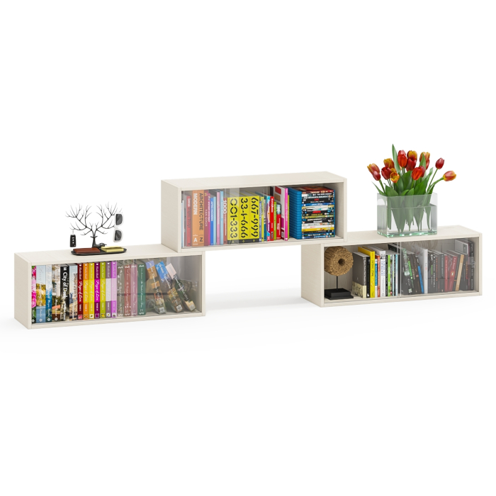 Настенные полки, Три книжные полки КН1 со стеклянными сдвижными дверками