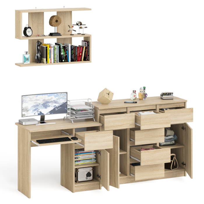Домашние кабинеты, Тумба-комод Мори МК1200.4 с компьютерным столом МС-1 правый и открытой навесной полкой