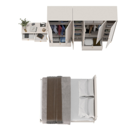 Два платяных шкафа для одежды со столиком и двуспальной кроватью Афина 1600