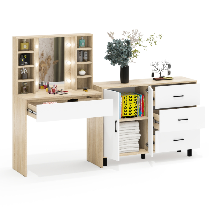 С зеркалом, Туалетный столик с подсветкой 115 и тумба-комод 123-1204