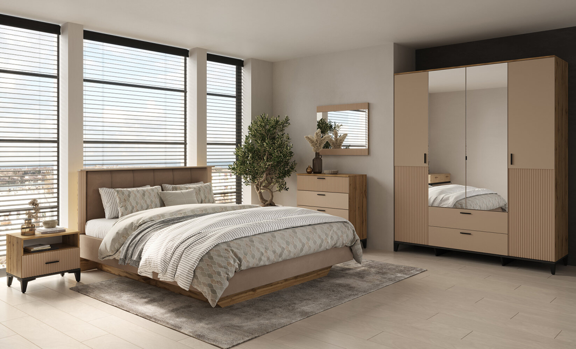 Для одежды, Шкаф 4-х дверный с ящиками и зеркалом Дюна