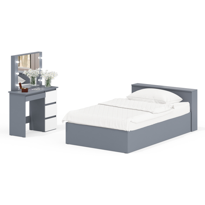 Спальные гарнитуры, Кровать с ящиками полутораспальная Ксения 1200 и туалетный столик с подсветкой Сура