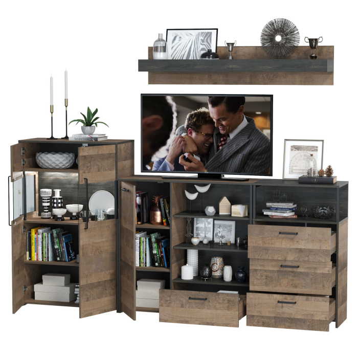 Стенки для гостиной, Комод с витриной с подсветкой с комодом с ящиком и дверкой и с комодом три ящика и ниша Трувор