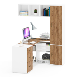 Навесная книжная полка Лидер-8 с письменным столом с тумбочкой 3.16 и пеналом с полками