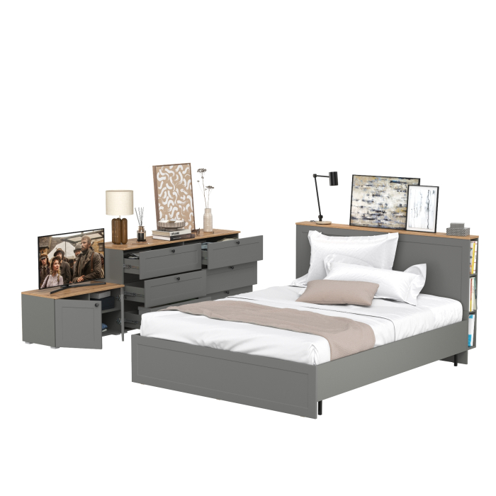 Спальные гарнитуры, Кровать Остин с ортопедическим основанием с комодом 6-ть ящиков и тумбой с дверками
