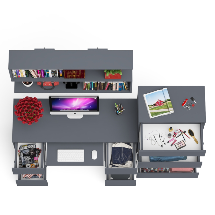 Домашние кабинеты, Стол для работы МС-2 с высоким комодом на пять ящиков и навесной полкой Мори