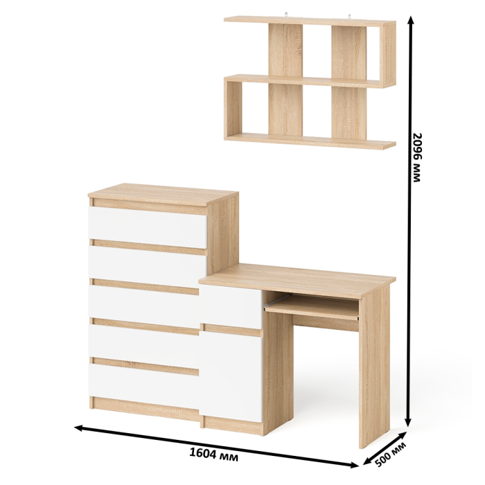 Прямые компьютерные столы, Стол компьютерный Мори с тумбой слева с высоким комодом МК700-5 и полкой 900